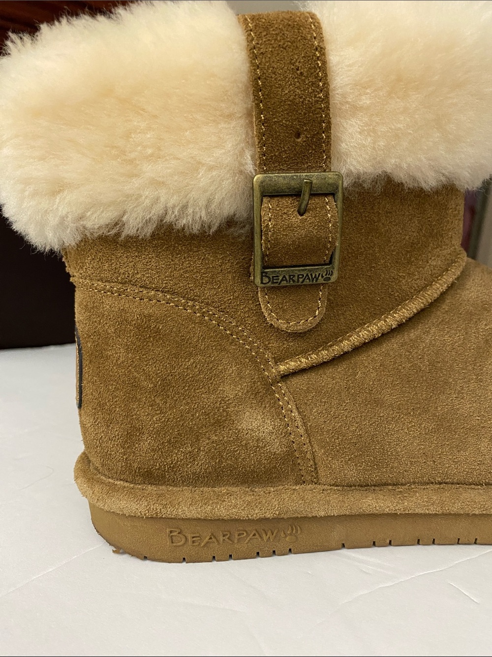 BearPaw Women's Suede Shearling Cuff Ankle Booties in Camel 1257W-ABBY SIZE 10 - Picture 6 of 14